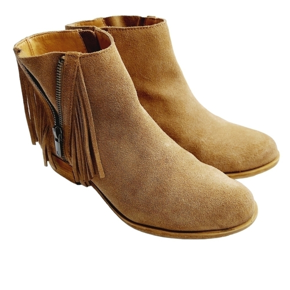 Lucky Brand Fringe Bootie Brown Tan Suede Beeliner Boot Double Zipper Boot Sz 7 - Picture 10 of 16